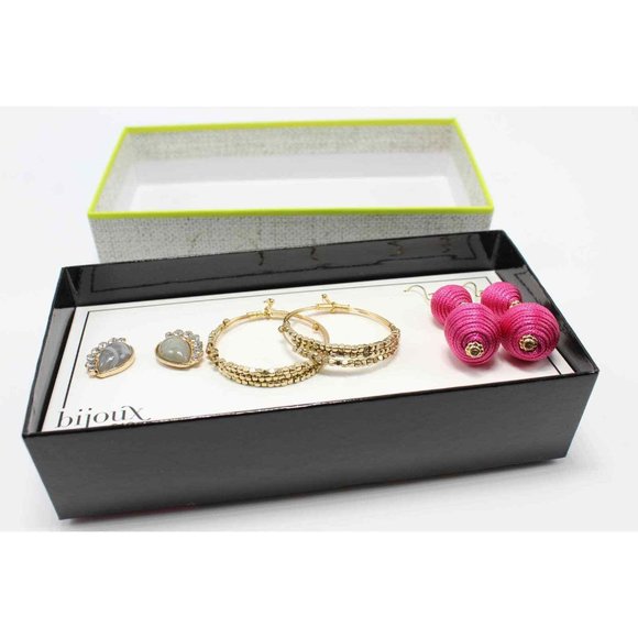 Bijoux Bar 3 Pairs Earrings Hot Pink Drops & Gray Crystal Posts & Gold Hoops NIB - Picture 5 of 8